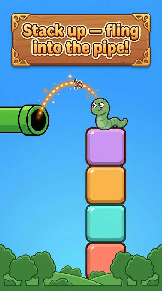 Gameplay: Gary aims a slingshot arc from his block tower toward a green pipe